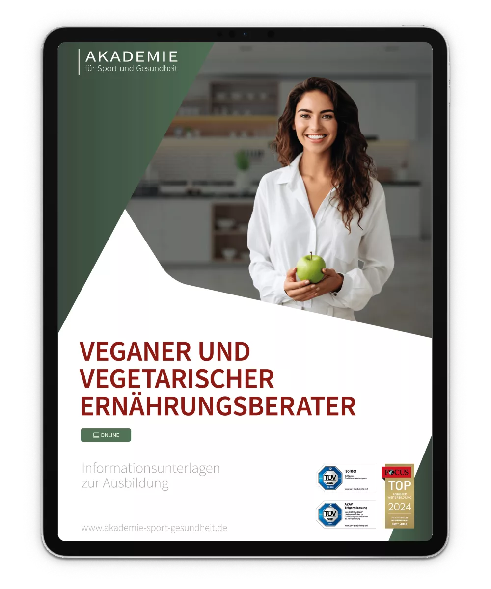 Eine Frau hält ein iPad mit dem Cover von „Vegeterisches und vegetarisches Buch“.