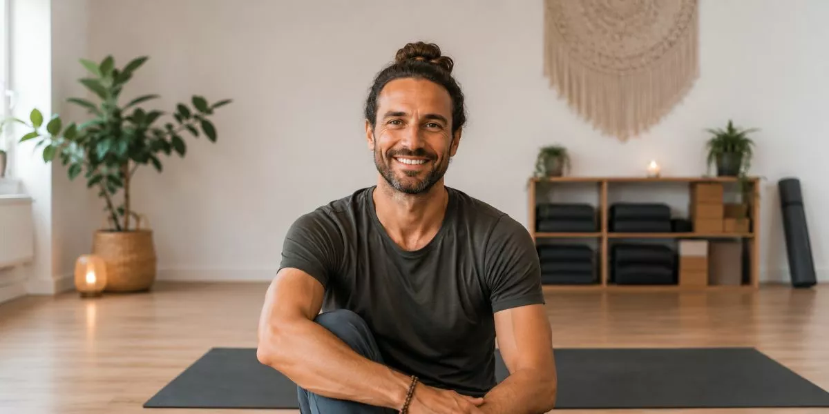 Ein männlicher Yogalehrer lächelt in die Kamera