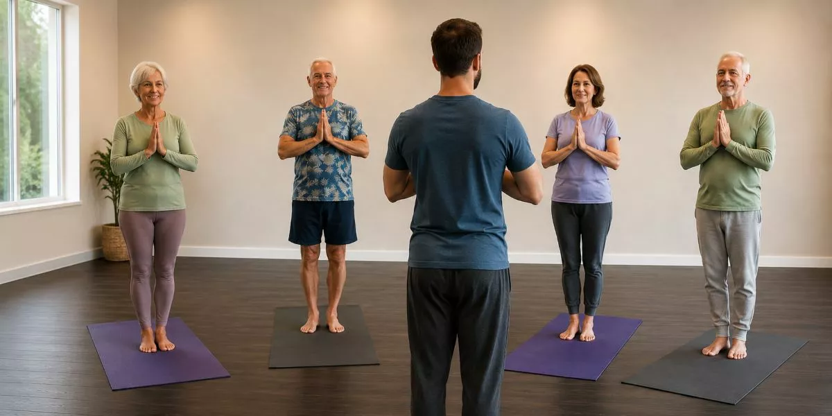 Eine Yoga Trainer steht vor einer Gruppe älterer Personen