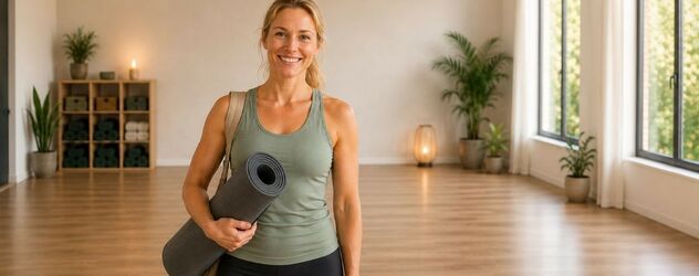 Eine Yoga Trainerin steht in einem Studio und trägt eine Yogamatte