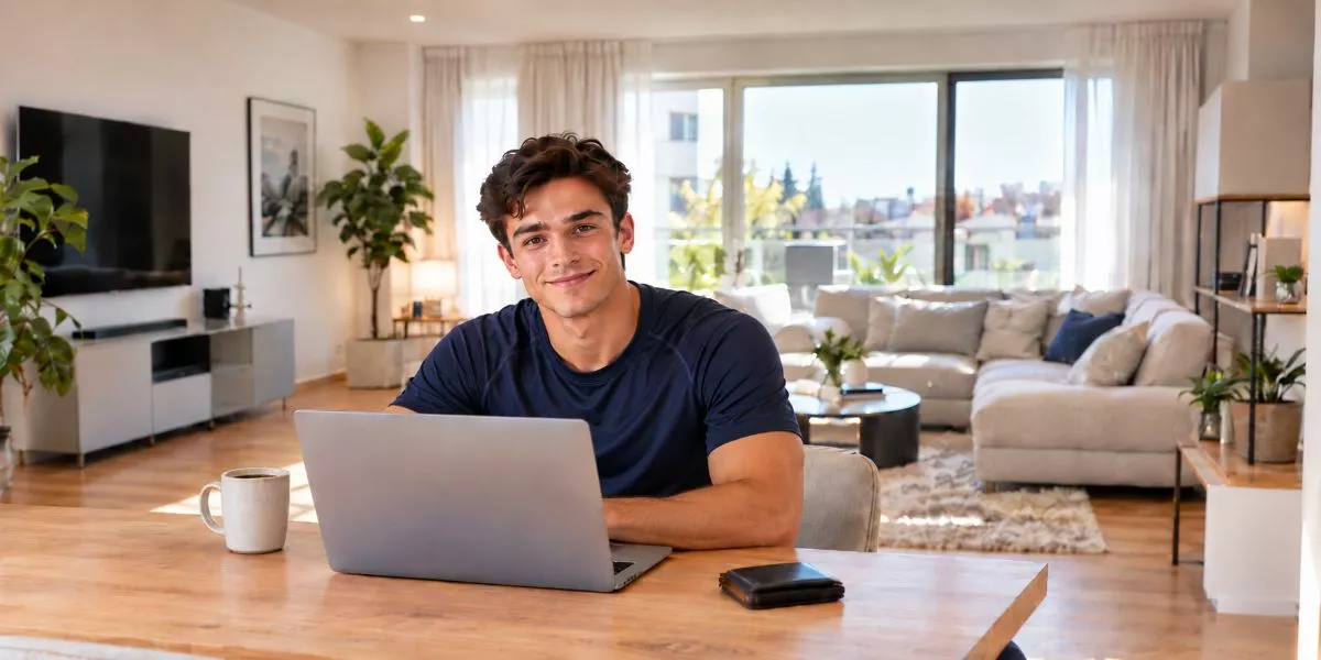 ein angehender Kindersporttrainer sitzt in seinem Wohnzimmer an seinem Laptop