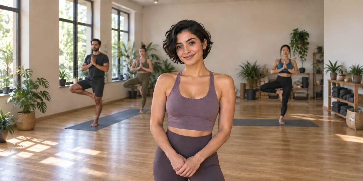 eine Vinyasa Yoga Lehrerin steht in einem Yogaraum