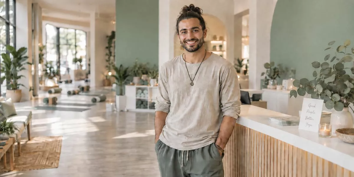 ein Vinyasa Yoga Trainer steht am Empfang eines hellen, gemütlichen Yogastudios