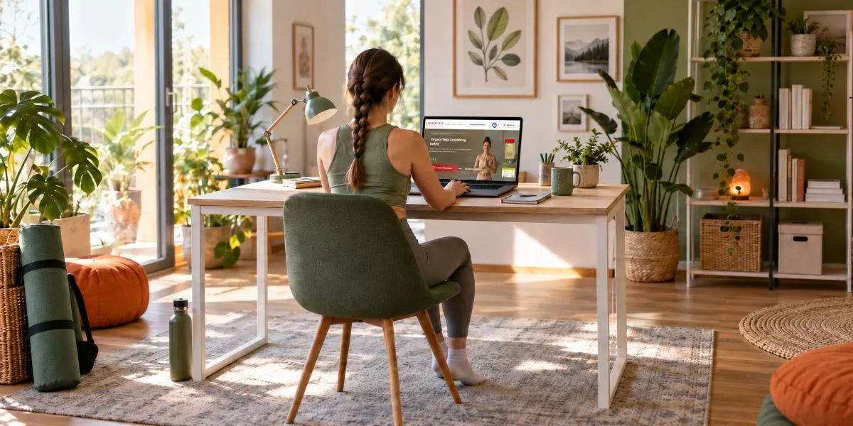 eine junge Frau sitzt am Laptop und recherchiert die Vinyasa Yoga Ausbildung der Akademie für Sport und Gesundheit