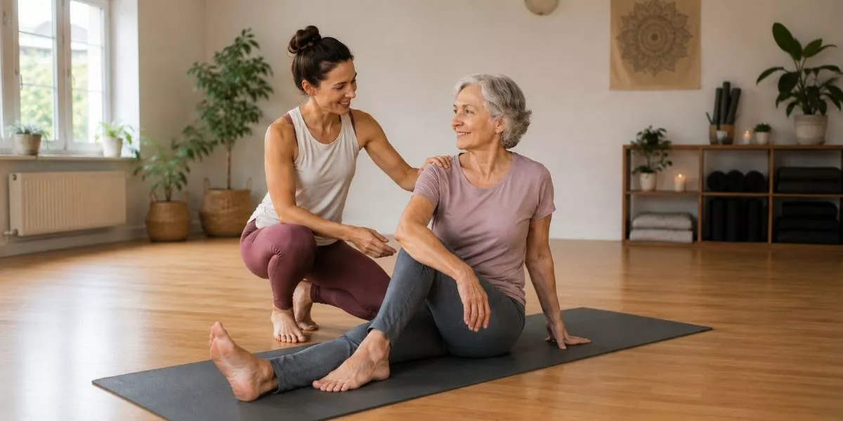 Eine Yogalehrerin betreut eine ältere Teilnehmerin persönlich in einem Yogastudio