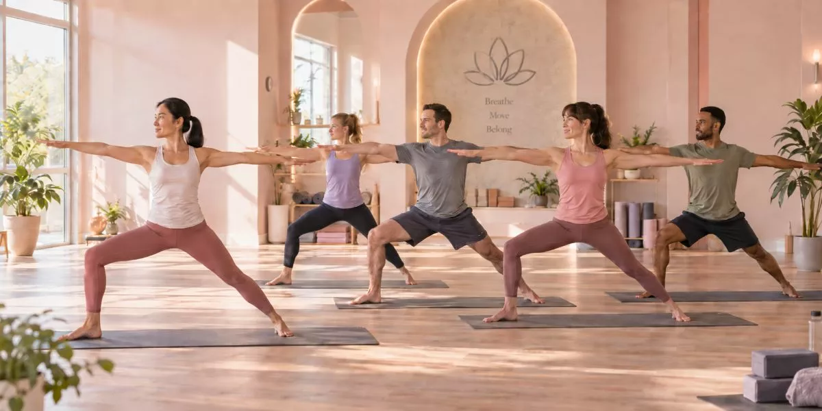 eine Vinyasa Yoga Trainerin macht die Asana Krieger mit ihren vier Schülern