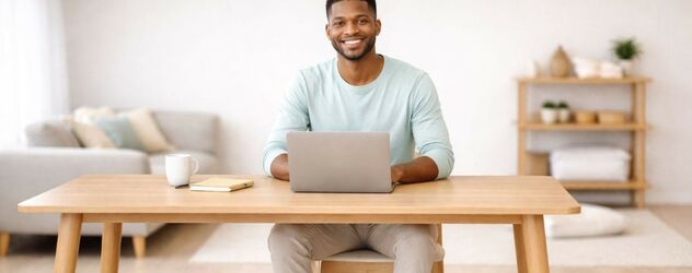 ein Yoga Nidra Trainer in der Ausbildung sitzt an seinem Laptop und lächelt in die Kamera