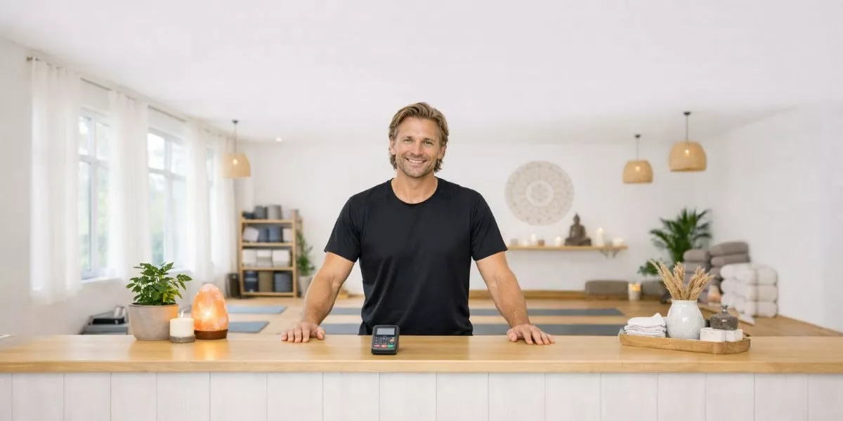 ein Yoga Nidra Trainer steht hinter dem Tresen eines Yoga Studios und lächelt in die Kamera