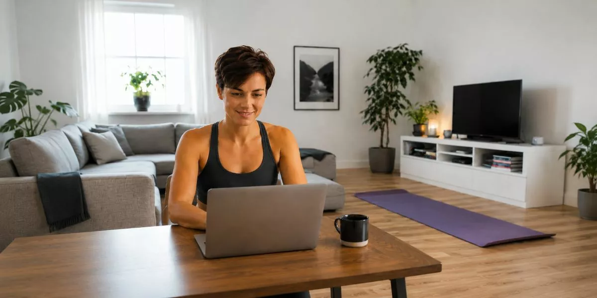 Eine sportliche Frau mit kurzen dunklen Haaren schaut auf einen Laptop