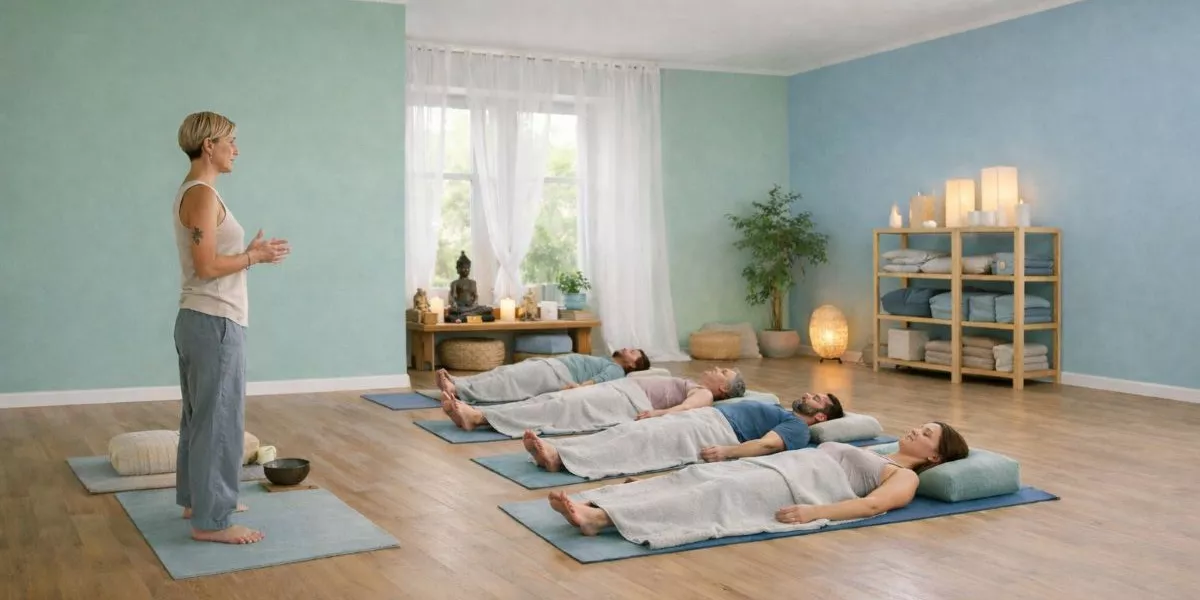 Eine Yoga Trainerin steht in einem Yogastudio und leitet vier Kursteilnehmer in Yoga Nidra an
