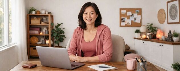 eine angehende Yoga Nidra Trainerin recherchiert die Kosten für die Ausbildung am Laptop