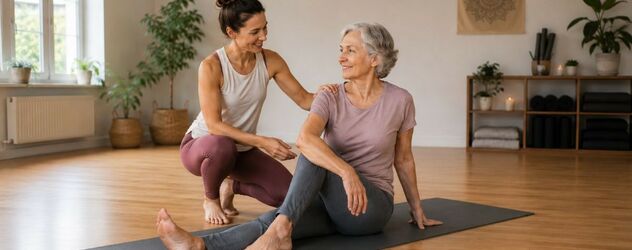 Eine Yogalehrerin betreut eine ältere Teilnehmerin persönlich in einem Yogastudio