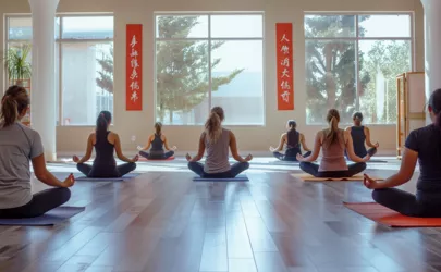 Eine Gruppe von Frauen macht Yin Yoga einem hellen Raum