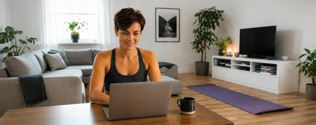 Eine sportliche Frau mit kurzen dunklen Haaren schaut auf einen Laptop