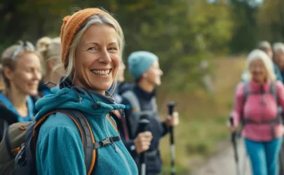 Nordic Walking Trainer mit einer Gruppe in einer Landschaft