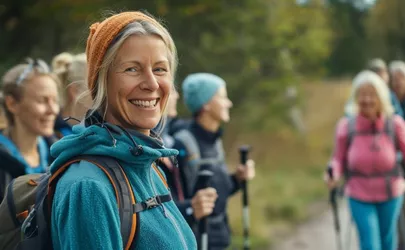 Nordic Walking Trainer mit einer Gruppe in einer Landschaft