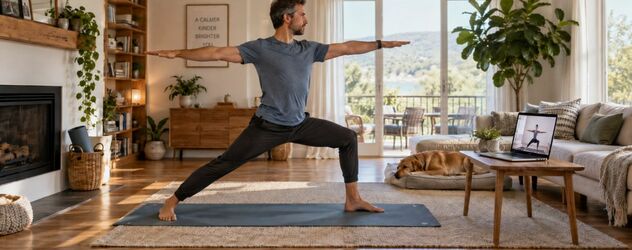 ein Mann macht online eine Vinyasa Yoga Ausbildung in seinem Wohnzimmer