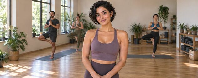 eine Vinyasa Yoga Lehrerin steht in einem Yogaraum