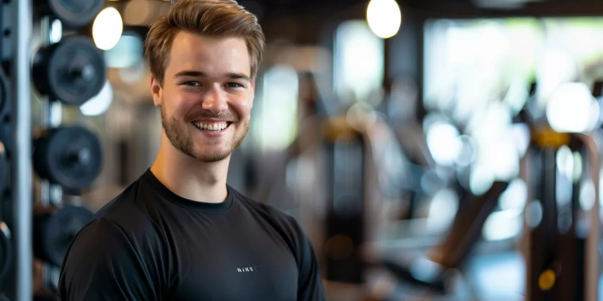 Lächelnder Fitnesstrainer steht in einem Fitnessstudio