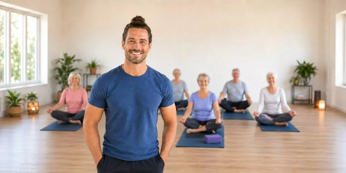 Ein Yoga Trainer mit blauem Shirt steht vor einer Gruppe von Senioren