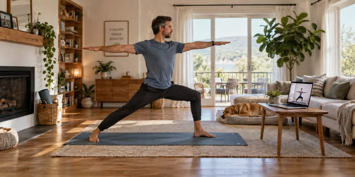 ein Mann macht online eine Vinyasa Yoga Ausbildung in seinem Wohnzimmer