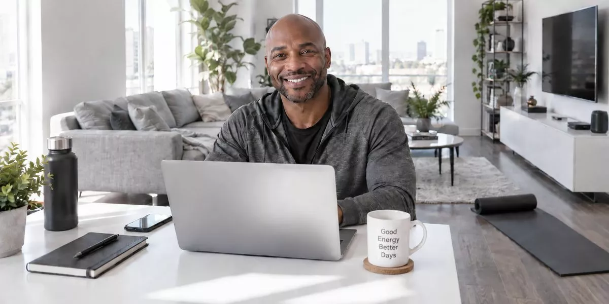 eine angehender Vinyasa Yoga Trainer sitzt an seinem Laptop in seinem Wohnzimmer