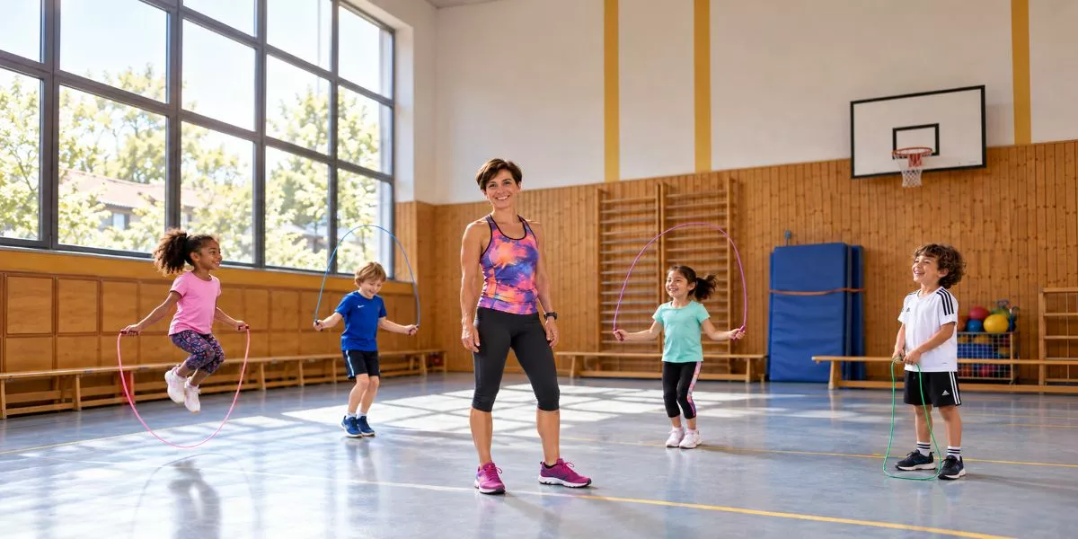 eine Kindersport Trainerin steht in einer Halle und lächelt in die Kamera, Kinder springen Springseil im Hintergrund