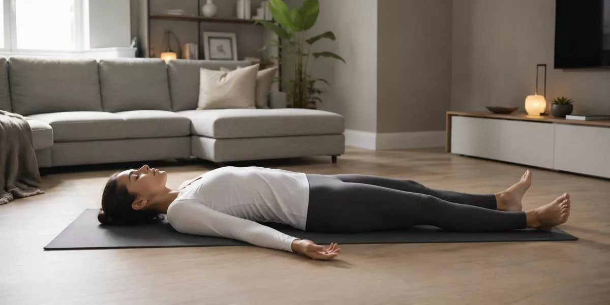 Eine Frau führt in einem Wohnzimmer Yoga Nidra aus