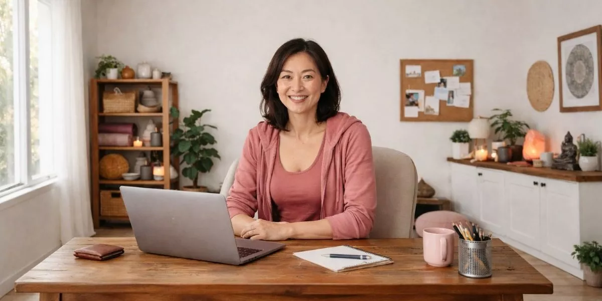 eine angehende Yoga Nidra Trainerin recherchiert die Kosten für die Ausbildung am Laptop