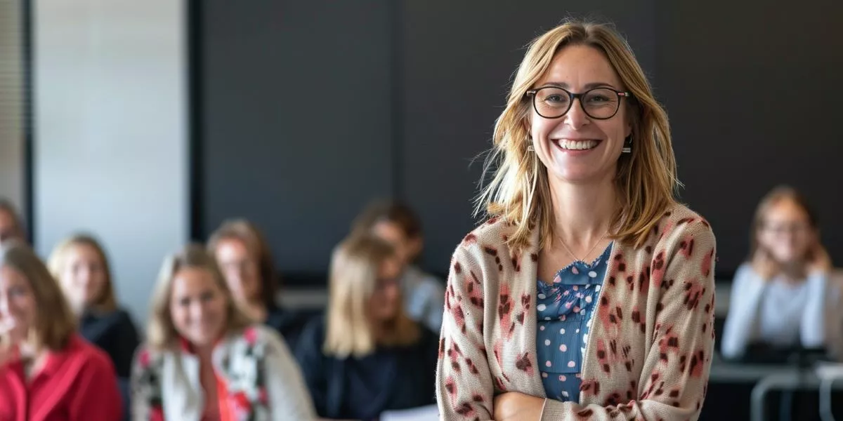 Betriebliche Gesundheitsmanagerin steht vor Publikum in einem Seminarraum