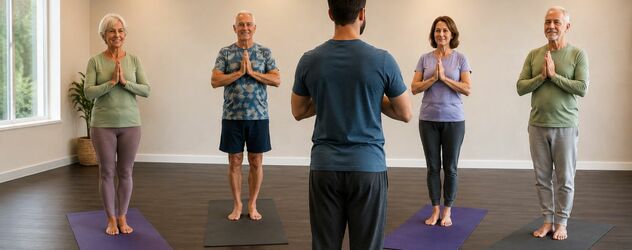 Eine Yoga Trainer steht vor einer Gruppe älterer Personen