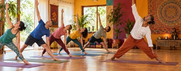 ein selbstständiger Vinyasa Yoga Trainer unterrichtet 5 Schüler