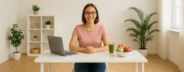 eine Ernährungsberaterin sitzt an ihrem Schreibtisch und lächelt in die Kamera