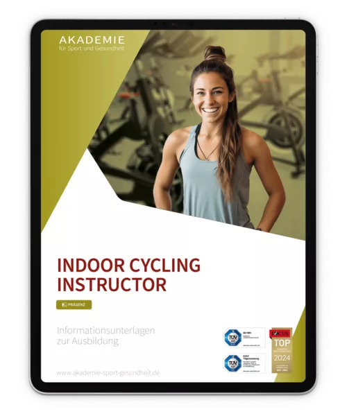 Ein iPad mit der Aufschrift „Indoor Cycling Instructor“.