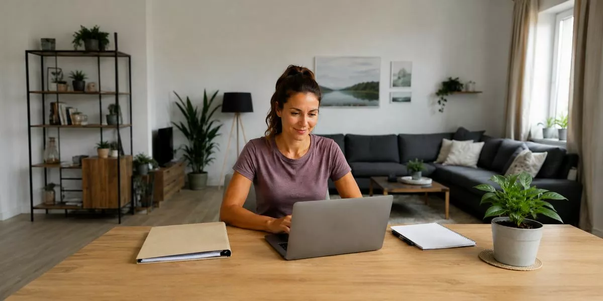 Eine sportliche Frau sitzt an einem Schreibtisch an einem Laptop