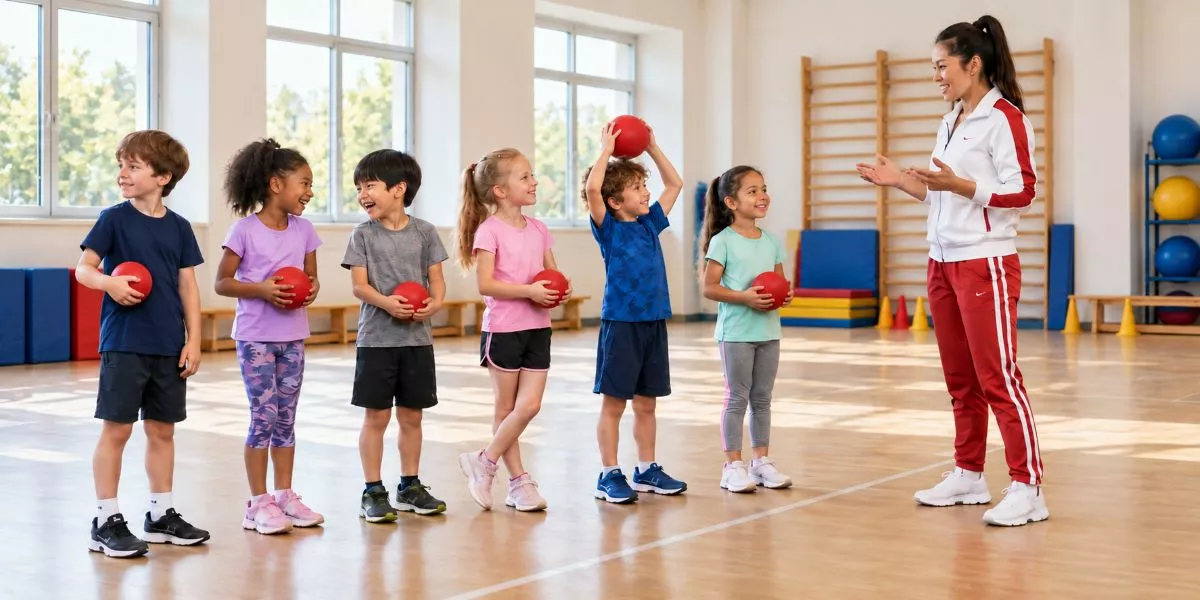 eine Kindersporttrainerin steht vor ihrer Gruppe von Kindern und erklärt etwas