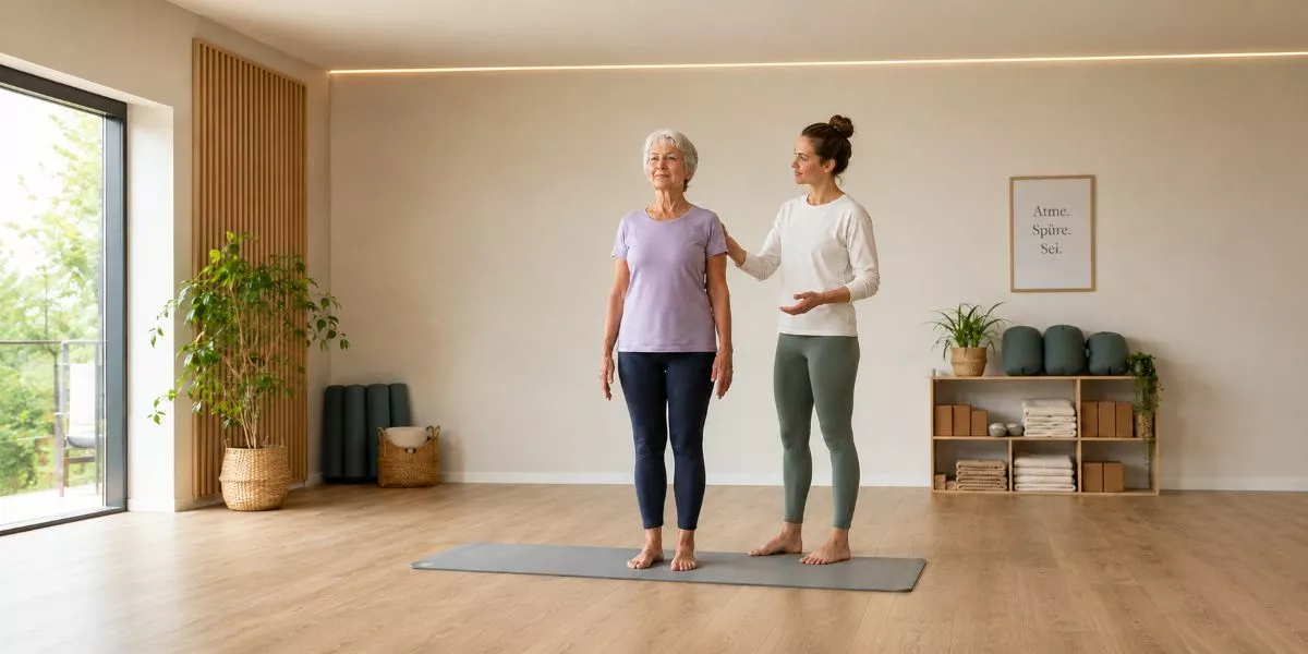 Eine ältere Frau wird in einem Yogastudio von einer Yogalehrerin angeleitet