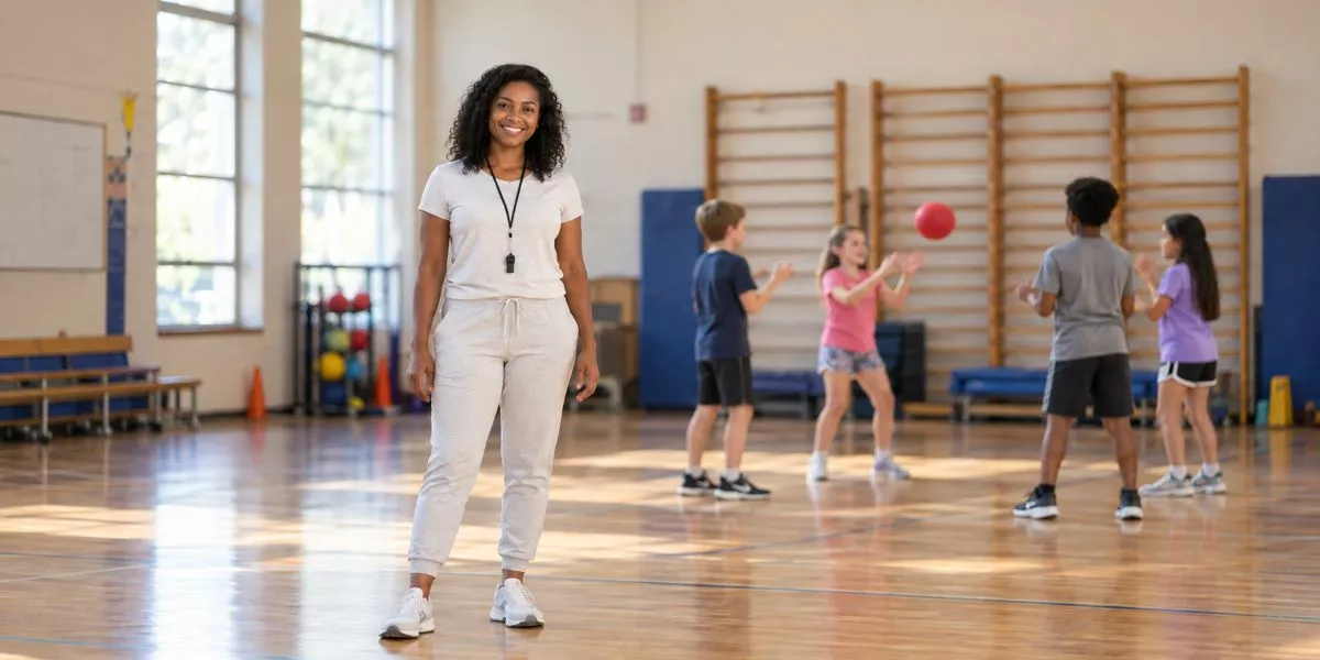 eine Kindersport Trainerin steht in einer Sporthalle vor einer Gruppe ballspielender Kinder und lächelt in die Kamera