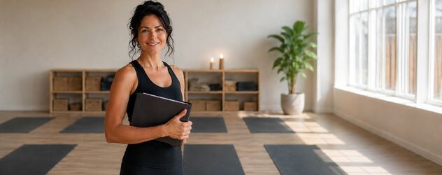 Eine Yogalehrerin hält eine schwarze Mappe in der Hand und steht in einem Yogastudio