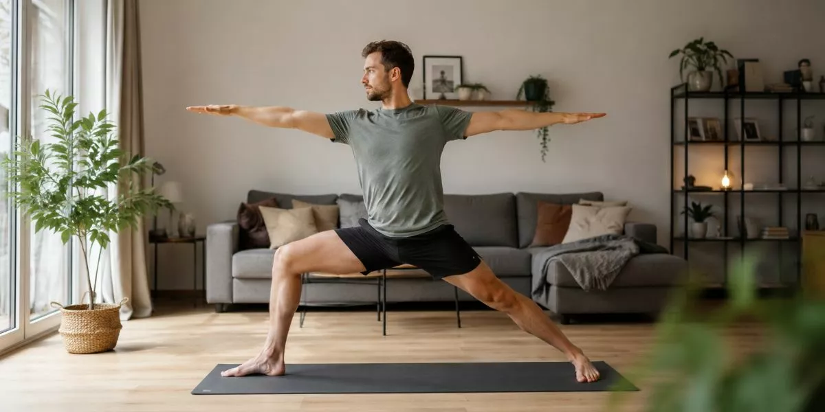 Ein Mann führt Krieger II Asana aus