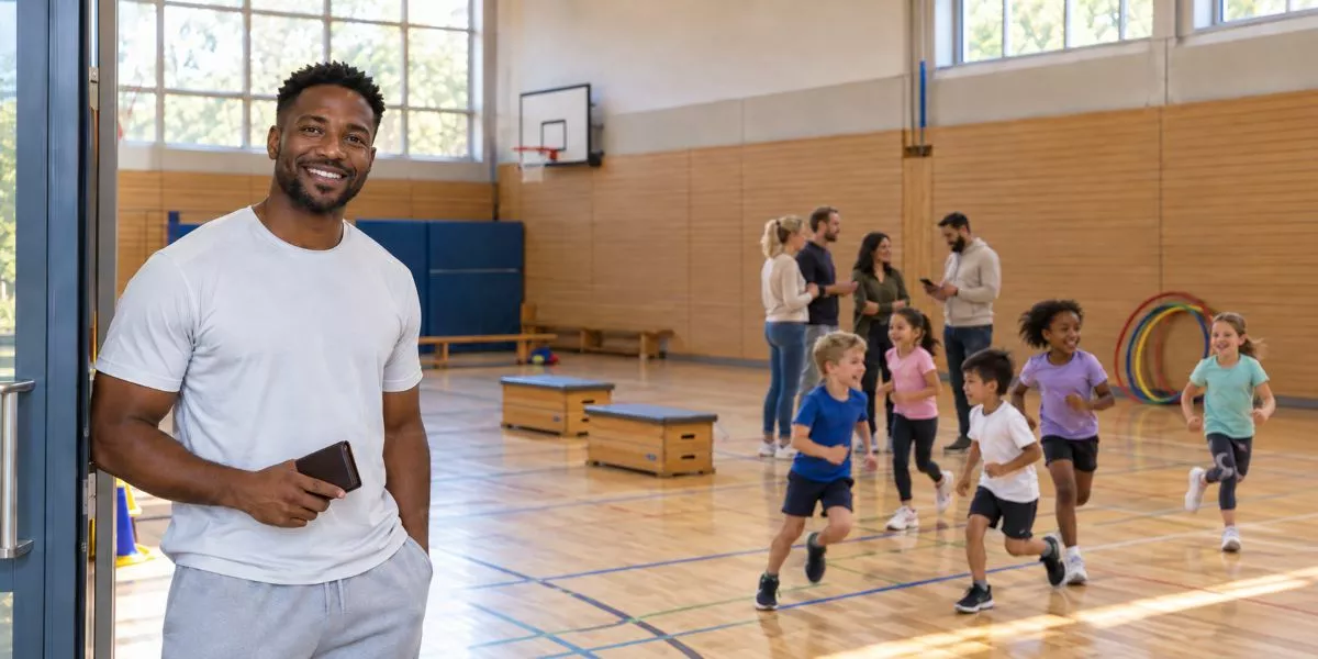 ein Kindersport Trainer steht in einer Sporthalle und hält ein Portemonnaie in der Hand, Kinder spielen im Hintergrund