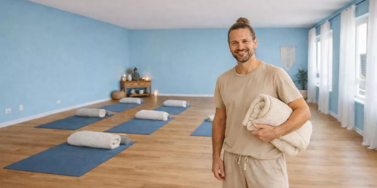 ein selbstständiger Yoga Nidra Trainer steht in einem Yogaraum und lächelt in die Kamera