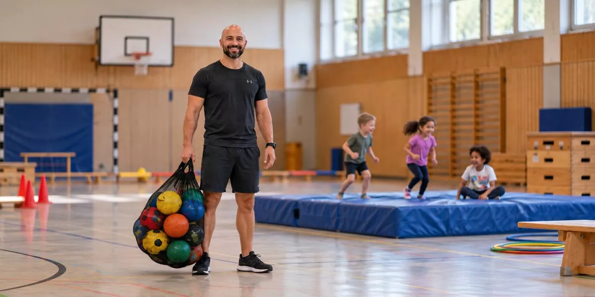 ein Kindersport Trainer steht in einer Turnhalle mit einem Netz voller bunter Bälle