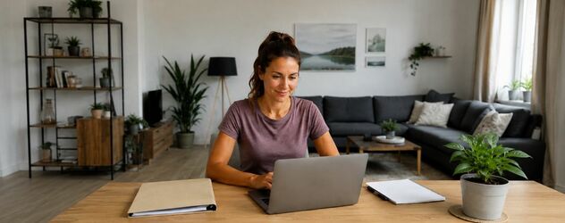 Eine sportliche Frau sitzt an einem Schreibtisch an einem Laptop