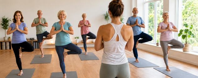Eine Yogalehrerin steht vor einer Gruppe von Senioren