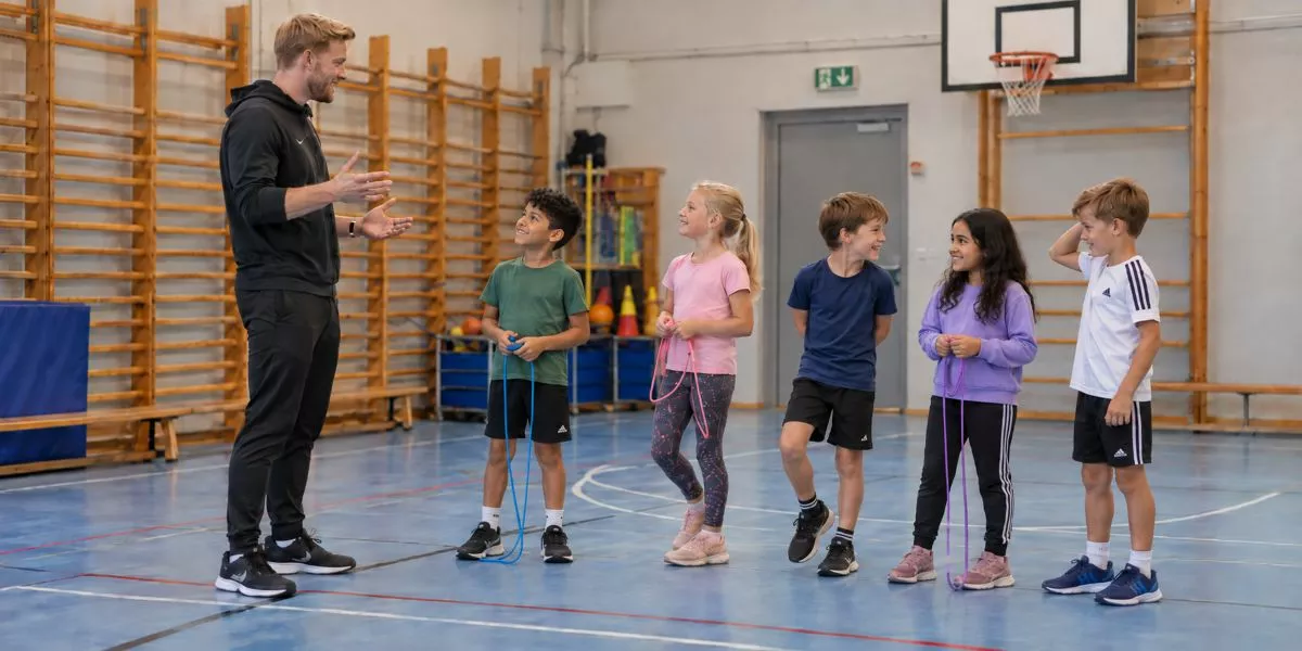 ein Kindersporttrainer erklärt fünf Kindern eine Übung in einer kleinen Sporthalle