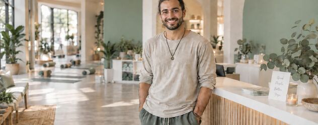 ein Vinyasa Yoga Trainer steht am Empfang eines hellen, gemütlichen Yogastudios