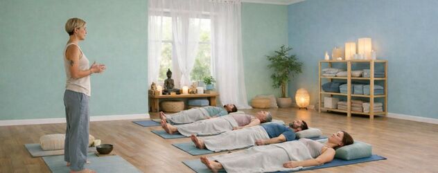Eine Yoga Trainerin steht in einem Yogastudio und leitet vier Kursteilnehmer in Yoga Nidra an