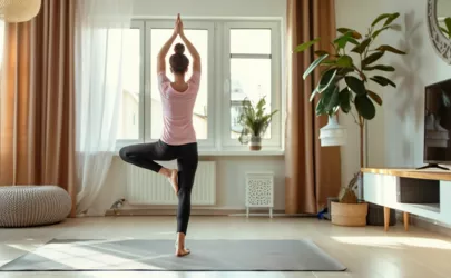 Eine junge Frau macht Yoga in ihrem modernen und hellen Wohnzimmer