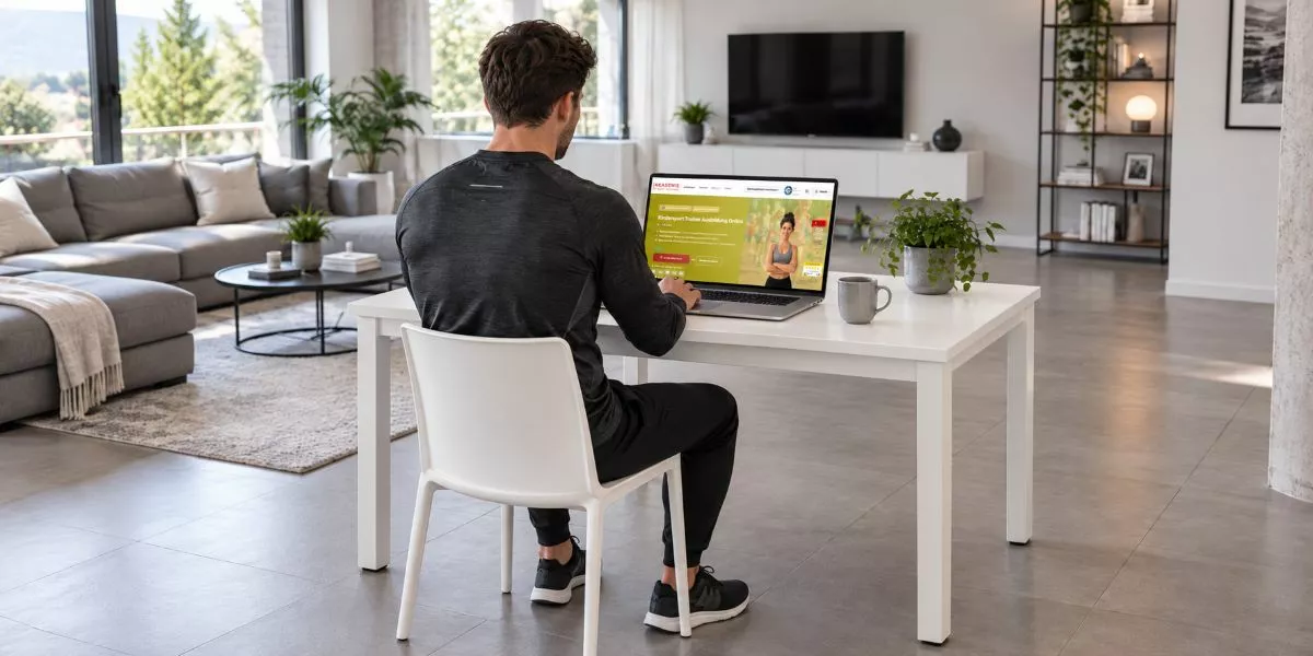 ein sportlicher Mann sitzt am Laptop und sucht die beste Kindersport Trainer Ausbildung im Internet